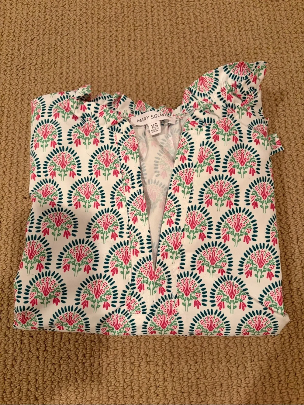 Mary Square XS Women's Printed Tie-Sleeve Tunic Top - Pink & Green